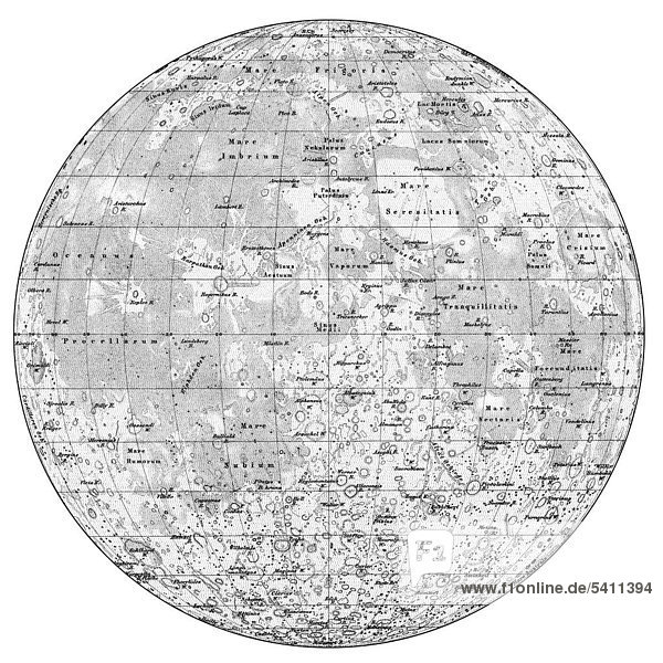 Historische Landkarte vom Mond, Mondkarte nach Wilhelm Wolff Beer und