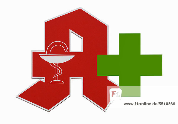Apothekenzeichen, rotes A und grünes Kreuz für internationale Apotheke