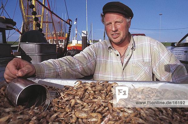Porträt eines Mannes verkaufen Garnelen  Ostfriesland  Deutschland  Europa