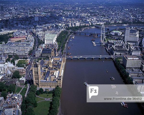 Aerial view of city  Millennium Wheel  Houses Of Parliament  Thames River  London  England