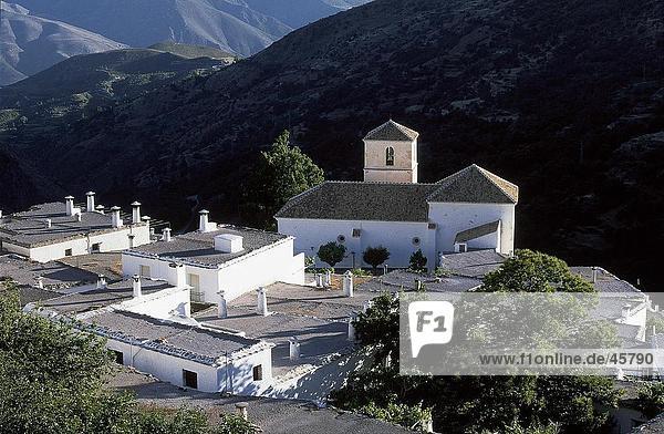 High angle view of houses in town  Bubion  Alpujarras  Sierra Nevada  Andalusia  Spain