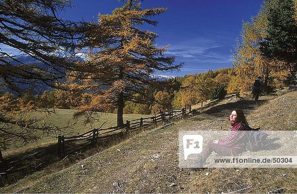 Tourist resting in valley  Eschtal valley  Alto Adige  Italy