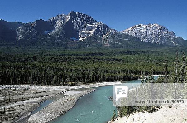 River flowing through landscape with mountain range in background Icefields Parkway Alberta Canada