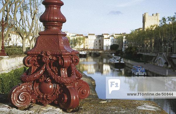 Lamp post base near canal  Canal de la Robine  Narbonne  France