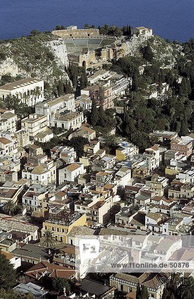 High angle view of houses on hill  Taormina  Sicily  Italy