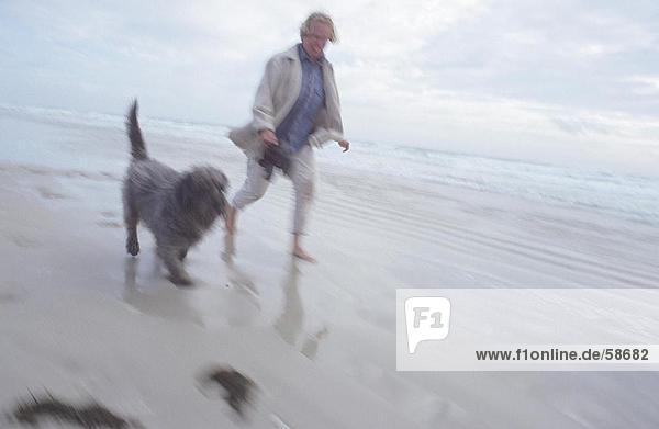 Mann zu Fuß mit Hund am Strand