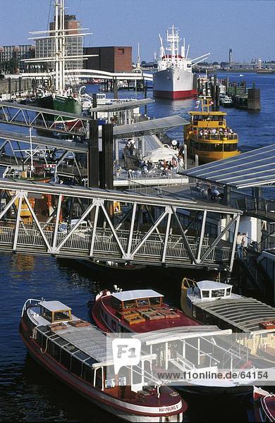 High angle view of boats at port  Elbe River  St. Pauli  Hamburg  Germany