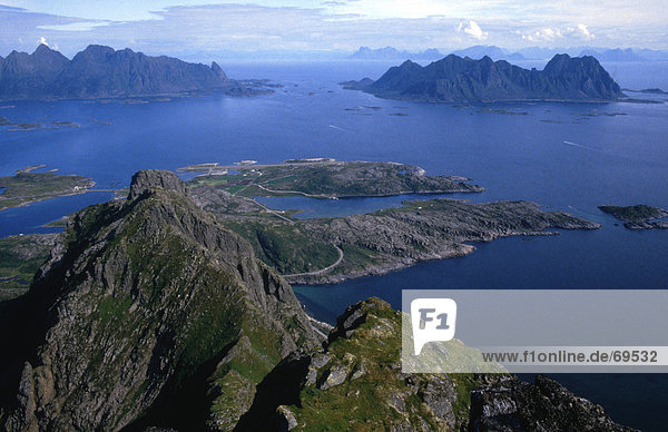 Vogelperspektive Blick Auf Berge Und Meer Lofoten Norwegen