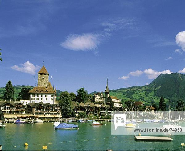 Hafen Europa Palast Schloß Schlösser Wohnhaus Gebäude See Boot Meer Ansicht Kanton Bern Spiez Schweiz