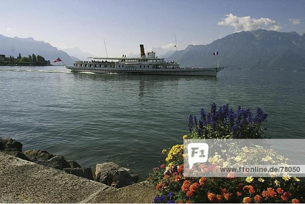 Raddampfer Europa Berg Blume See Schiff Genfer See Genfersee Lac Leman Dampfer Schweiz Kanton Waadt