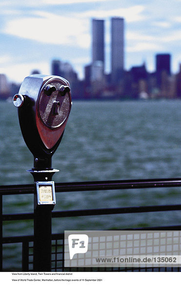 Blick von Liberty Island  den Zwillingstürmen und dem Finanzdistrikt