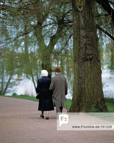 Rear view of senior couple walking in park