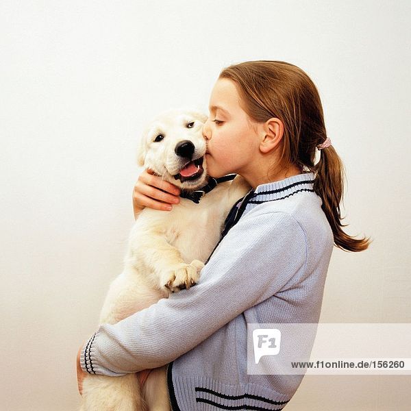Girl kissing labrador puppy