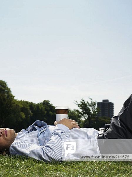 Männlicher Büroangestellter schläft in einem Park