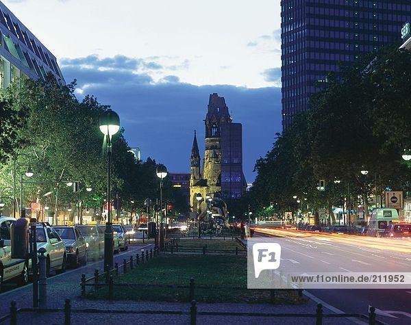 Church in city at night  Church Of Remembrance  Tauentzienstrasse Avenue  Berlin  Germany