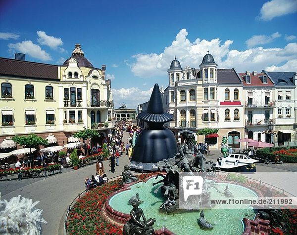 Fountain in front of buildings  Phantasialand  Bruhl  Cologne  North Rhine-Westphalia  Germany