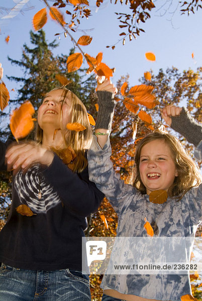 Zwei Mädchen spielen mit Herbstblättern