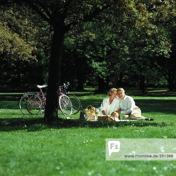 10194286  flower box  cover  middle age  old person  pair  couple  park  picnic  rest  while bicycle tour  bicycle driving  bi