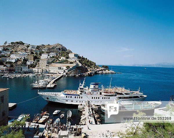 Hafen Wohnhaus Gebäude Boot Schiff Insel Draufsicht Griechenland Hydra