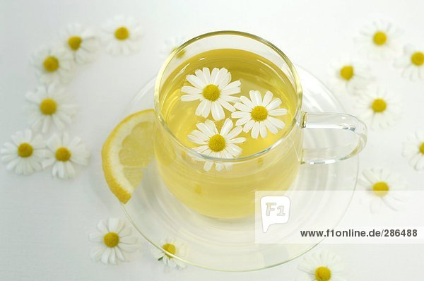 Kamillentee in Tasse mit Blumen und Zitrone  Nahaufnahme