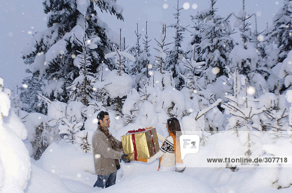 Junges Paar mit Geschenk im Schnee