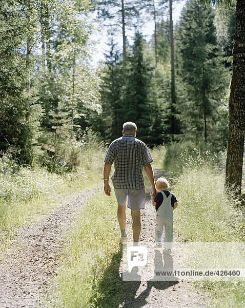 Grandfather and grandchild on a forest walk.