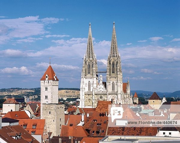 Cathedral spires against sky in town  Bavaria  Germany