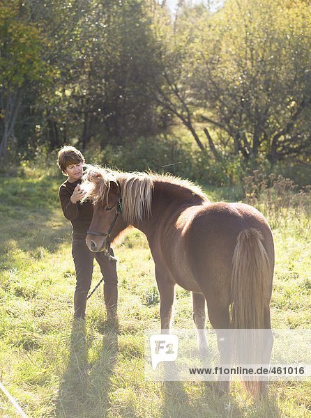 Eine Frau mit einem Island Pferd in eine Weide.