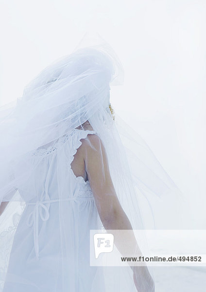 Little girl wearing bridal veil  rear view