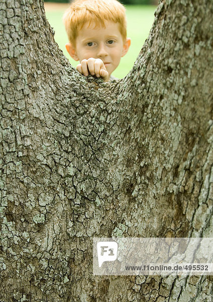 Junge steht hinter Baum