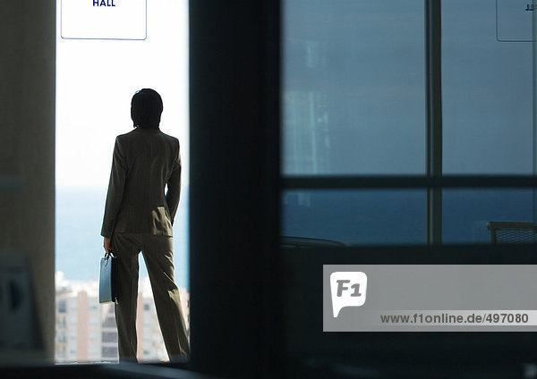 Woman standing with briefcase  looking out bay window  in silhouette