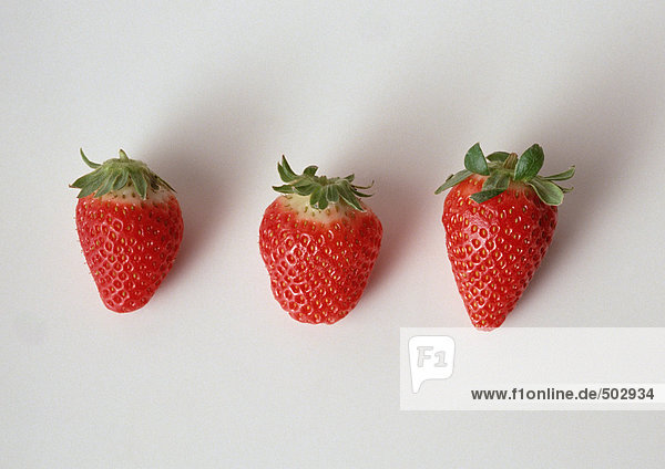 Drei Erdbeeren in Folge  Nahaufnahme  weißer Hintergrund