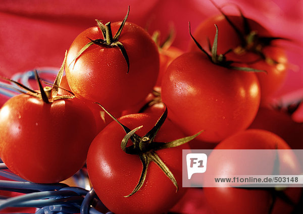 Haufen roter Tomaten mit grünen Stielen  Nahaufnahme
