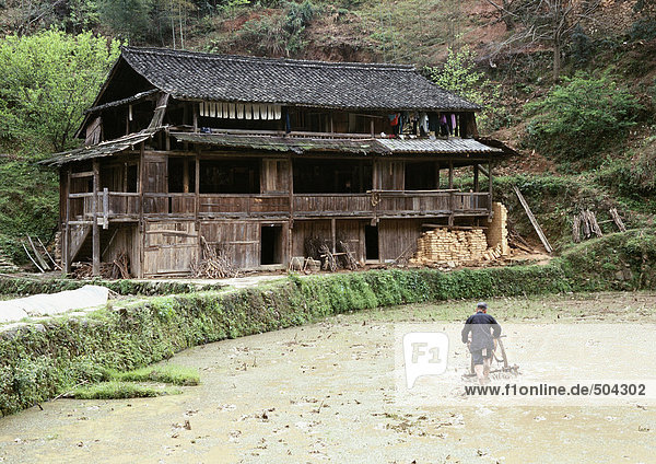 China  Autonome Region Guangxi  Mann pflügt Reisfeld  altes Haus am Ufer