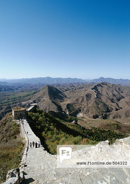 China  Hebei Province  Simatai  people walking on the Great Wall  high angle view