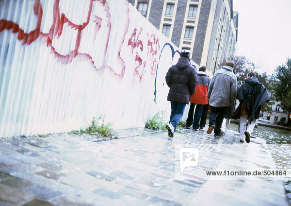 Group of young people walking in street  rear view