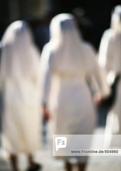 Nuns walking  rear view  blurred