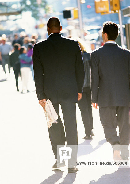Two businessmen walking in street  rear view