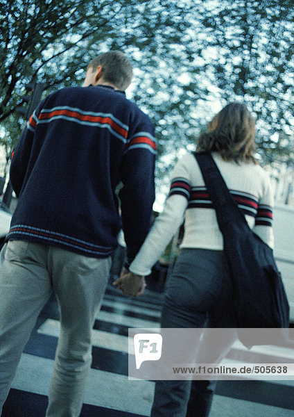 Junges Paar hält sich am Fußgängerüberweg an den Händen  Rückansicht