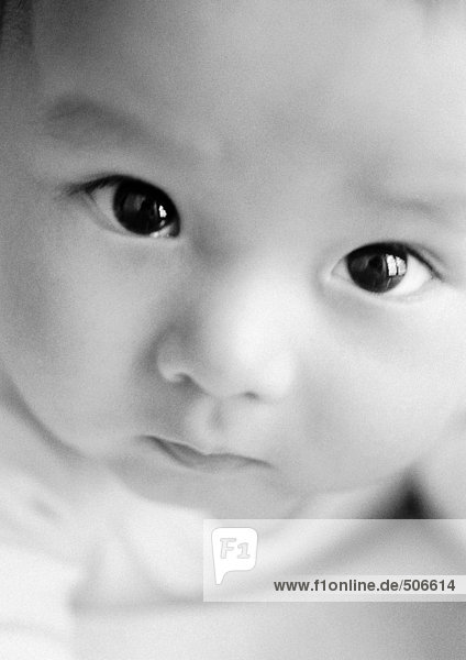 Baby schaut in die Kamera  Nahaufnahme  Schwarzweiß.