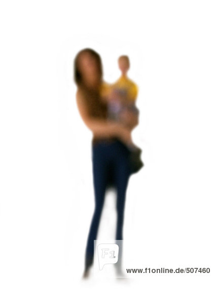 Silhouette der Frau mit Kind auf weißem Hintergrund  defokussiert