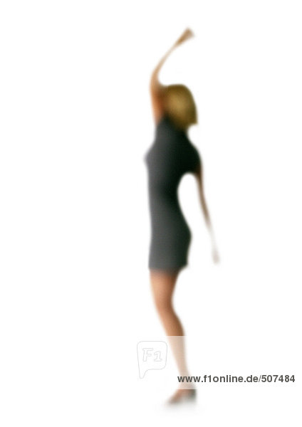 Silhouette of woman with one arm in air  side view  on white background  defocused