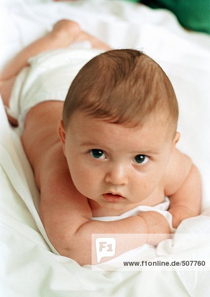 Baby lying on stomach looking at camera  close-up