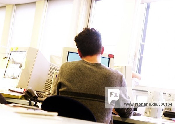 Man working at computer  rear view