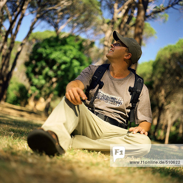 Man sitting on grass in forest  looking up