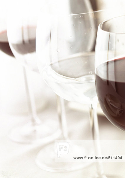 Gläser Rotwein und Wasser,  Nahaufnahme