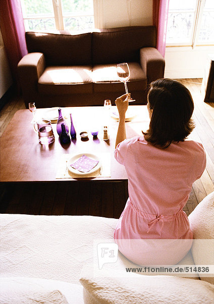 Frau sitzt im Wohnzimmer  hält Weinglas hoch  Rückansicht