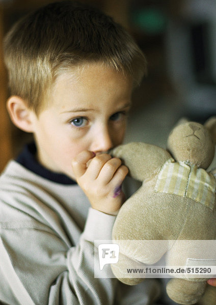 Kind mit Daumen im Mund hält Plüschtier  Portrait
