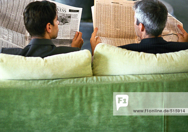 Businessmen sitting side by side with newspapers  rear view