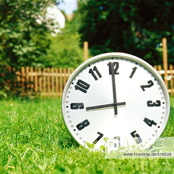 Uhr auf dem Rasen  die neun Uhr anzeigt.